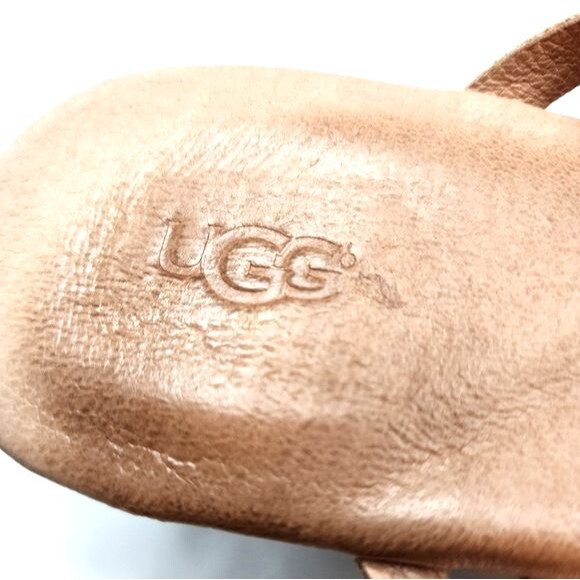 UGG Mattie Straw Accented Tan Leather Slip On Wedge Heeled Sandals Size 10 - Picture 7 of 9